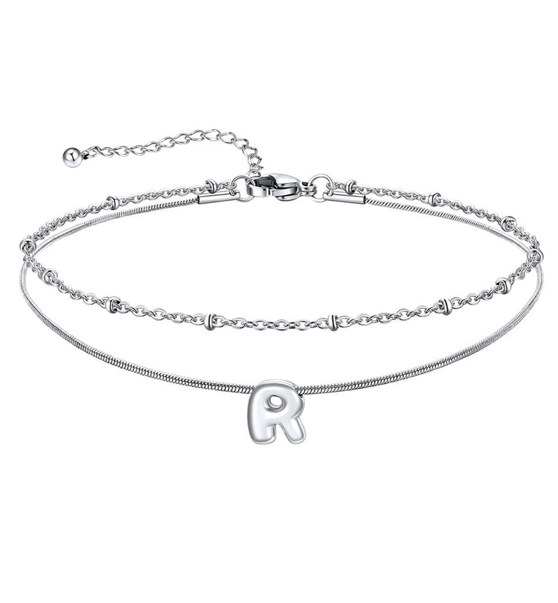 Layered Chain With Beads Bubble Initial Anklets for Mom Gift