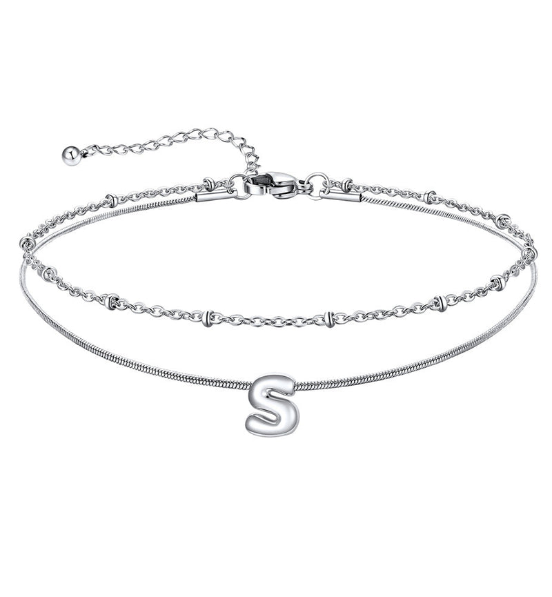 Layered Chain With Beads Bubble Initial Anklets for Mom Gift