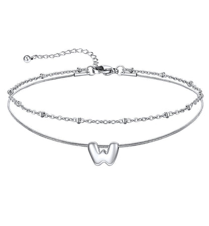 Layered Chain With Beads Bubble Initial Anklets for Mom Gift