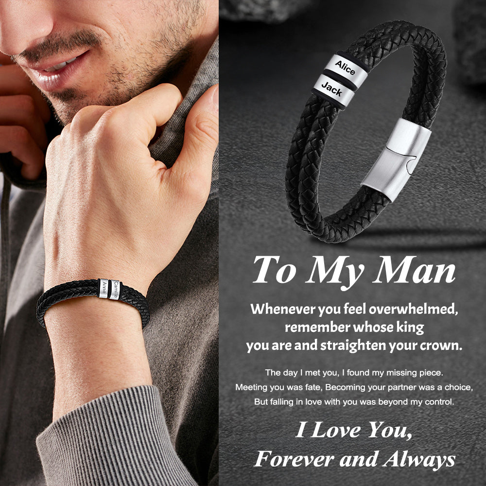 Personalized Braided Leather Bracelet With Engraved Name Beaded for