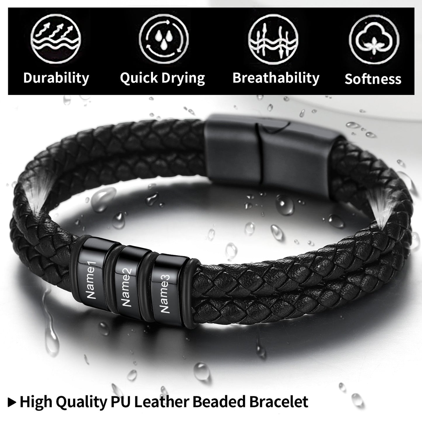 Personalized Braided Leather Bracelet With Engraved Name Beaded for