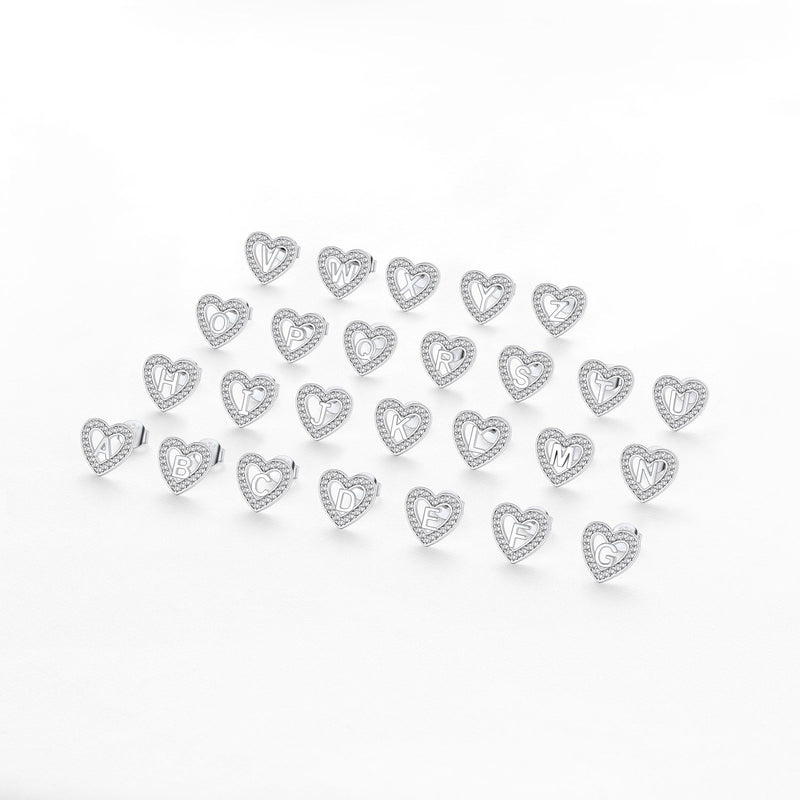 Silver Heart Initial Letter Stud Cubic Zirconia Earrings for Girl