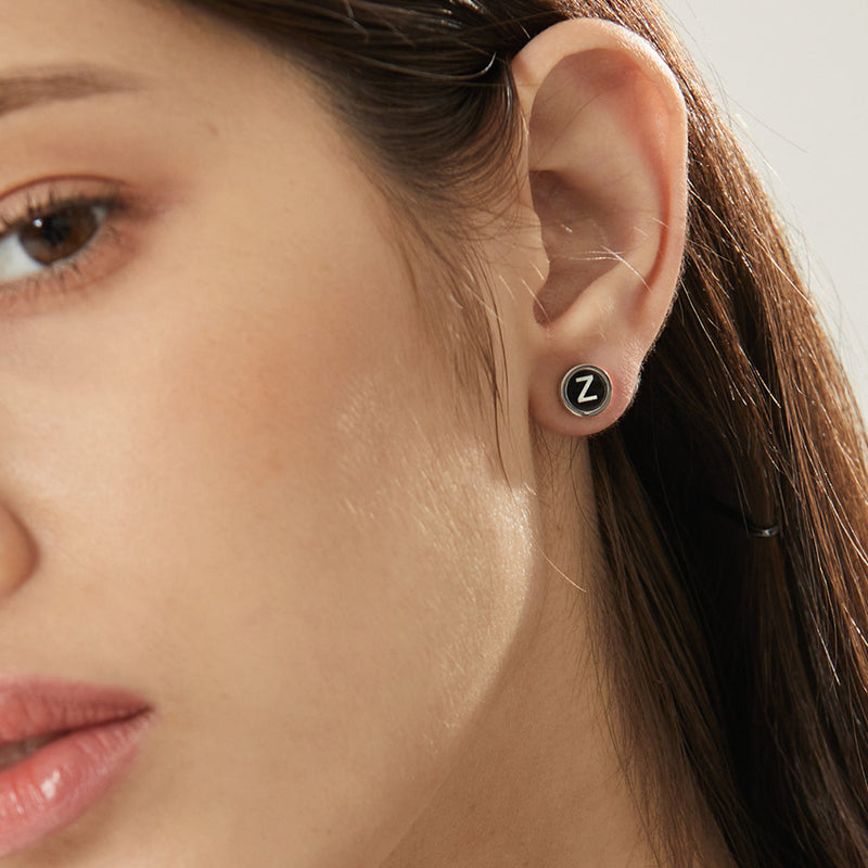 Personalized Black Enamel Initial Letter Stud Earrings for
