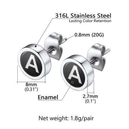 Personalized Black Enamel Initial Letter Stud Earrings for