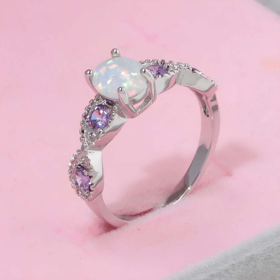 Goddess of Light White Fire Opal Amethyst Ring