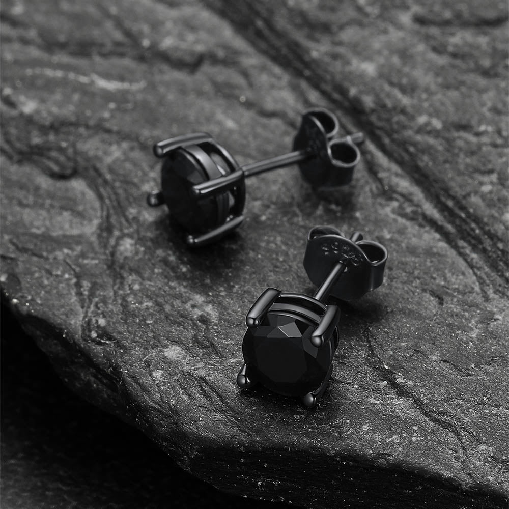 Sterling Silver Round Black Diamond Stud Earrings for