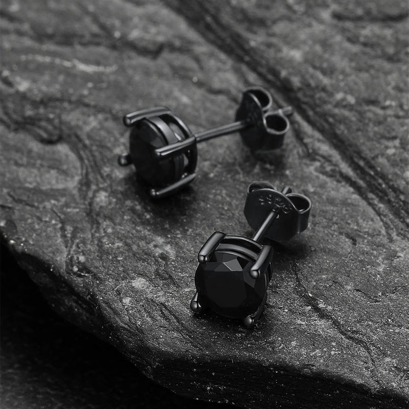 Sterling Silver Round Black Diamond Stud Earrings for