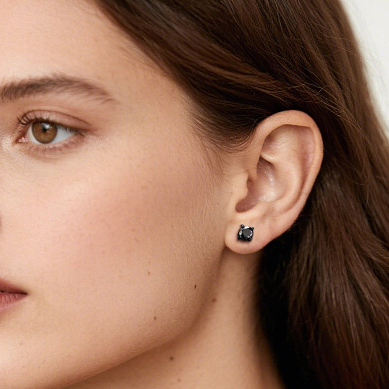 Sterling Silver Round Black Diamond Stud Earrings for