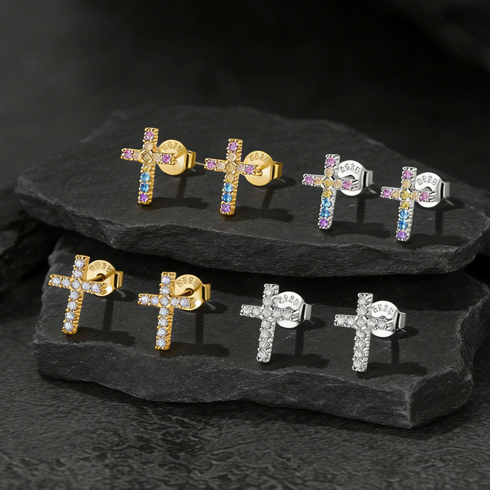Sterling Silver Cross Stud Earrings for With Cz, Christian Jewelry 10mm