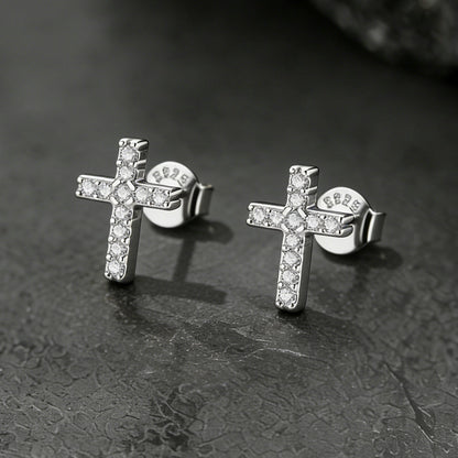 Sterling Silver Cross Stud Earrings for With Cz, Christian Jewelry 10mm