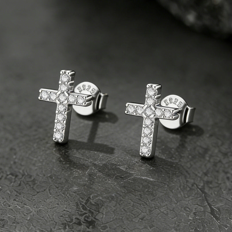 Sterling Silver Cross Stud Earrings for With Cz, Christian Jewelry 10mm