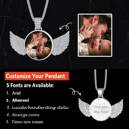 Sterling Silver Customized Memorial Picture Circle Chain Necklace With Angel Wing for
