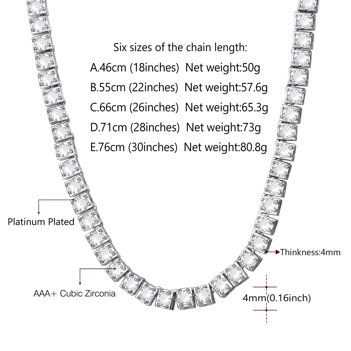 4mm Princess Cut Tennis Chain Necklace Cz Stones for