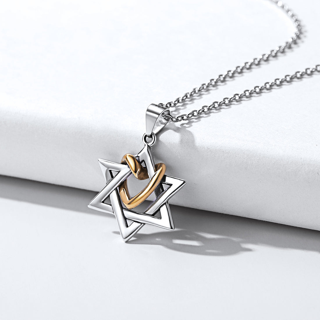 Silver Star of David Pendant With Heart Necklace