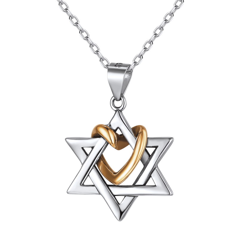 Silver Star of David Pendant With Heart Necklace