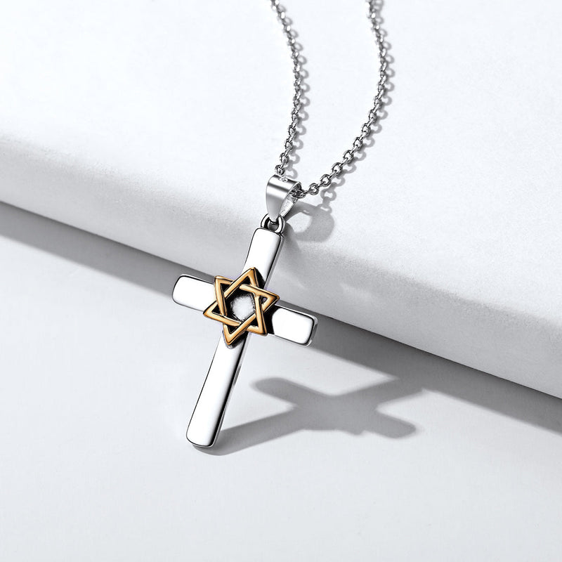 Silver Cross Star of David Pendant Necklace for