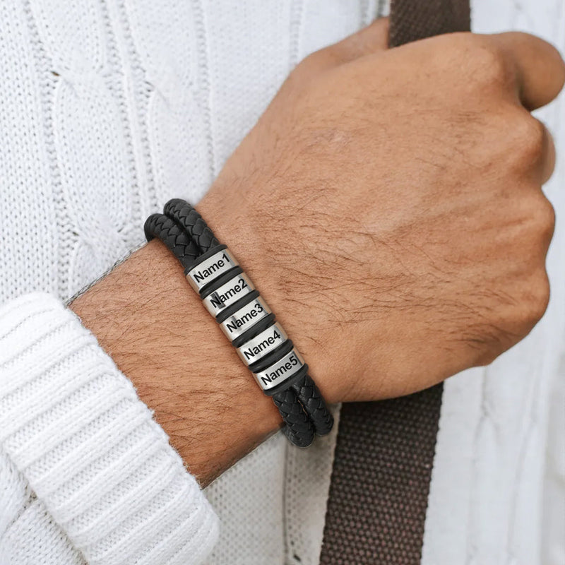Personalized Braided Leather Bracelet With Engraved Name Beaded for