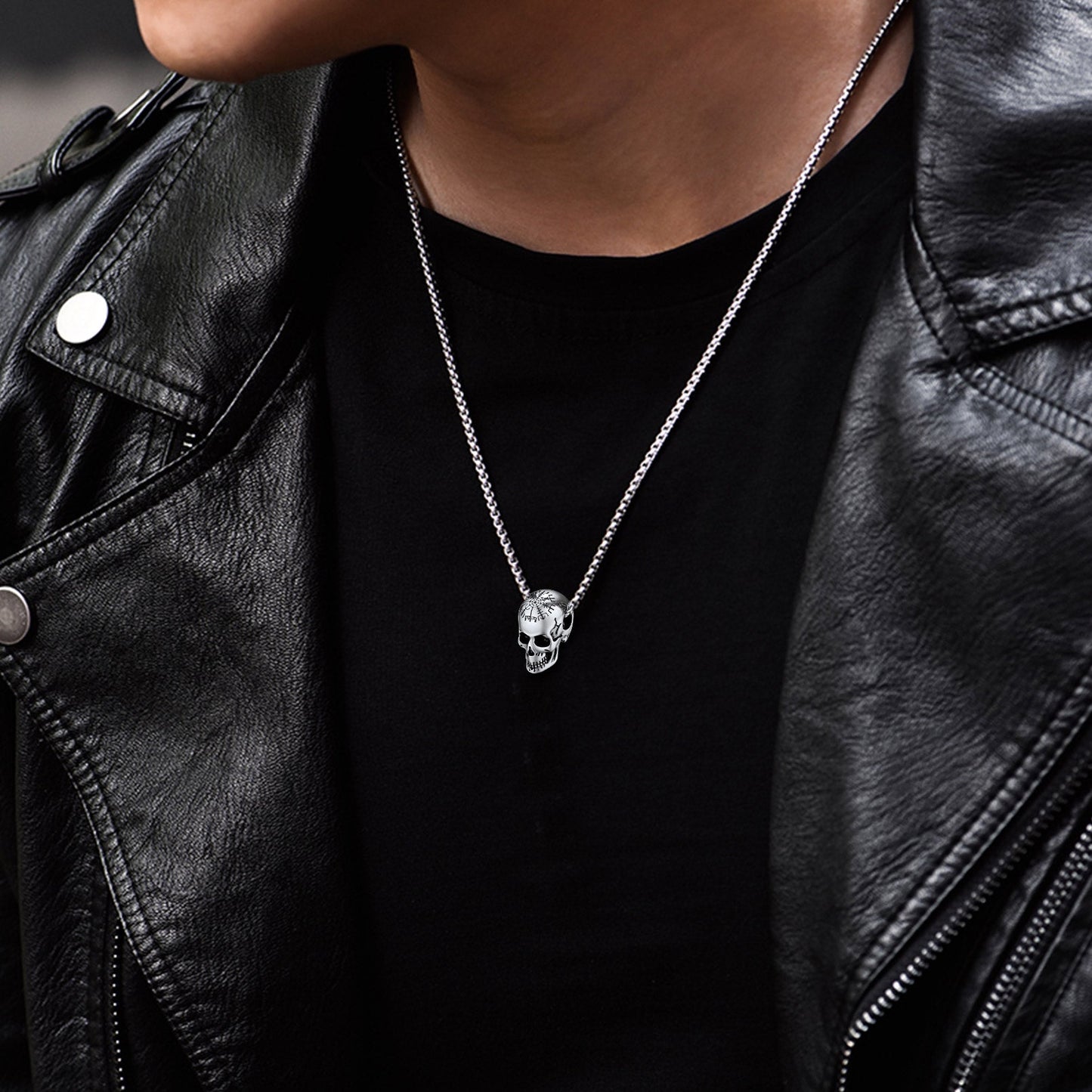 Nordic Viking Compass Skull Pendant Necklace for
