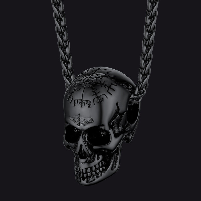Nordic Viking Compass Skull Pendant Necklace for