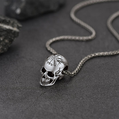 Nordic Viking Compass Skull Pendant Necklace for