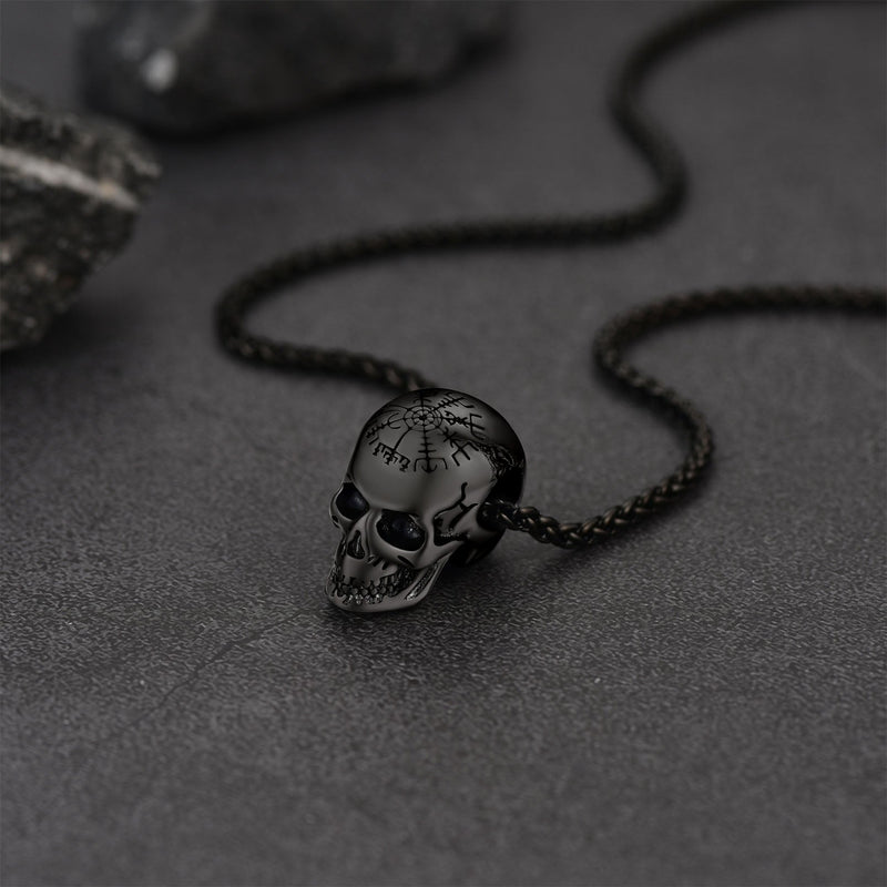 Nordic Viking Compass Skull Pendant Necklace for