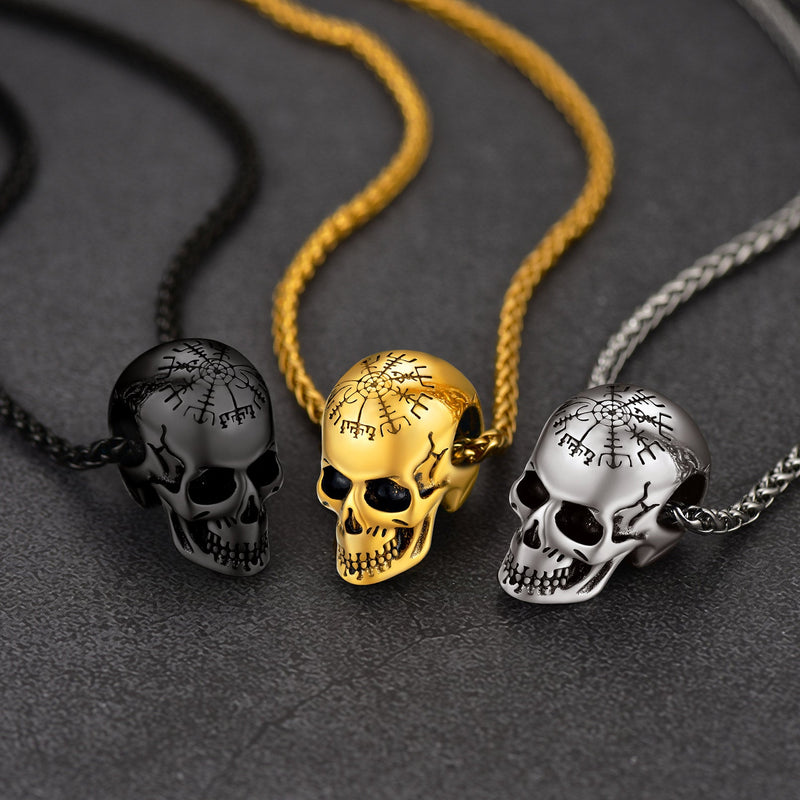 Nordic Viking Compass Skull Pendant Necklace for