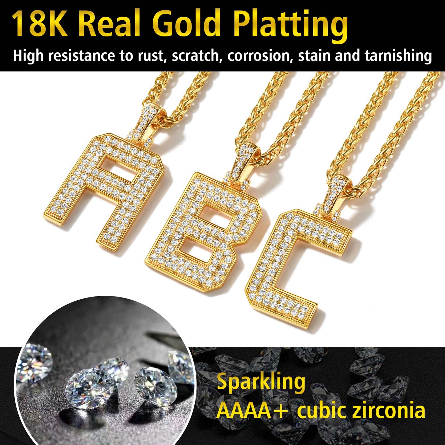 Gold Number Initial Chain Necklace With Cubic Zirconia for