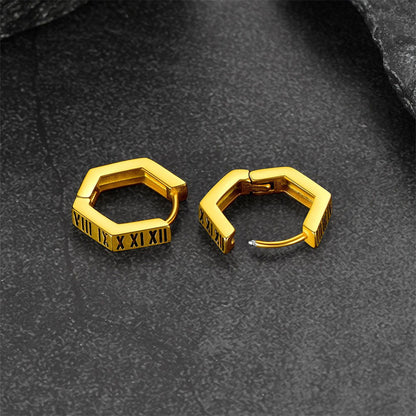 Roman Numerals Hexagon Hoop Earrings for