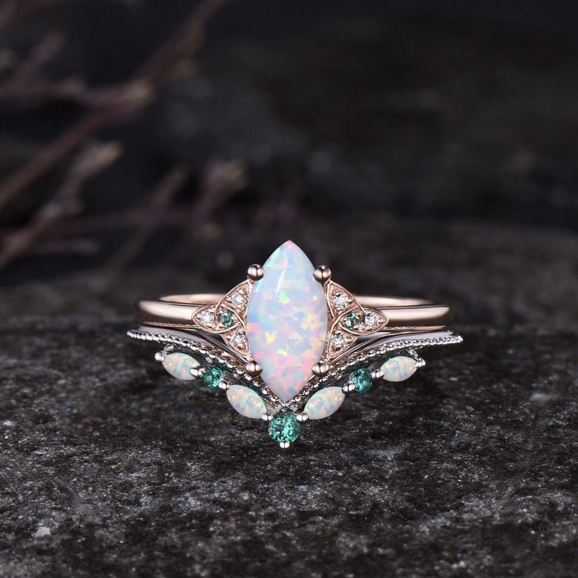 Divine Goddess Opal Triquetra Ring Set