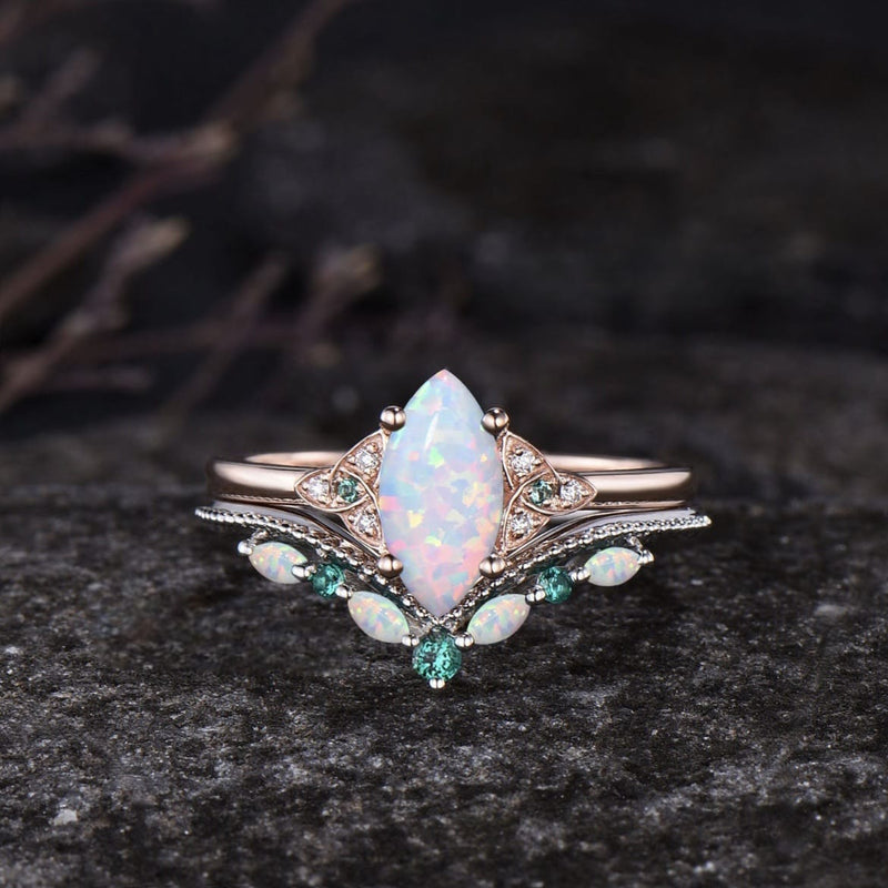 Divine Goddess Opal Triquetra Ring Set