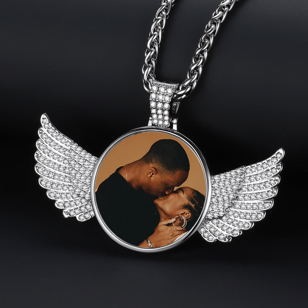Customized Picture Circle Chain Necklace With Angel Wing Memorial Gift for
