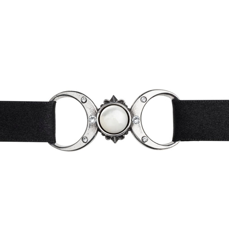 Triple Goddess Moon Pearl Ribbon Choker Necklace by Alchemy Gothic