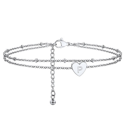 Initial Letter Heart Anklet Chain Layered Anklet for