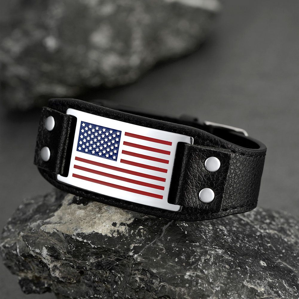 Black American Flag Leather Bracelet Wristband for