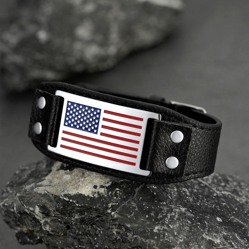 Black American Flag Leather Bracelet Wristband for