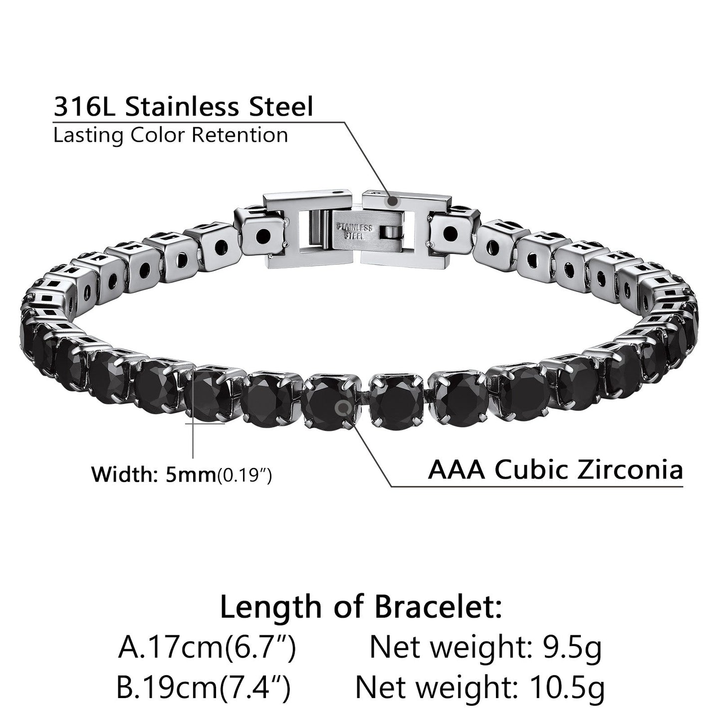 Cz Black Diamond Cut Tennis Chain Bracelet for , 3/5mm Width
