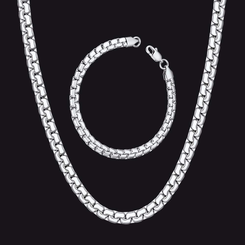 6mm Flat Box Link Chain & Bracelet Bundle Set for