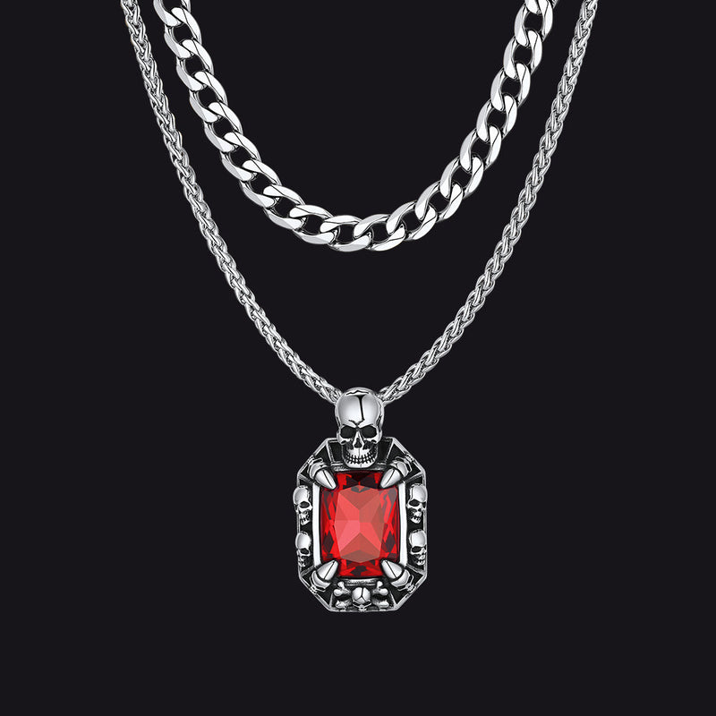 Cuban Curb Chain & Skull Crystal Layered Necklaces Set for
