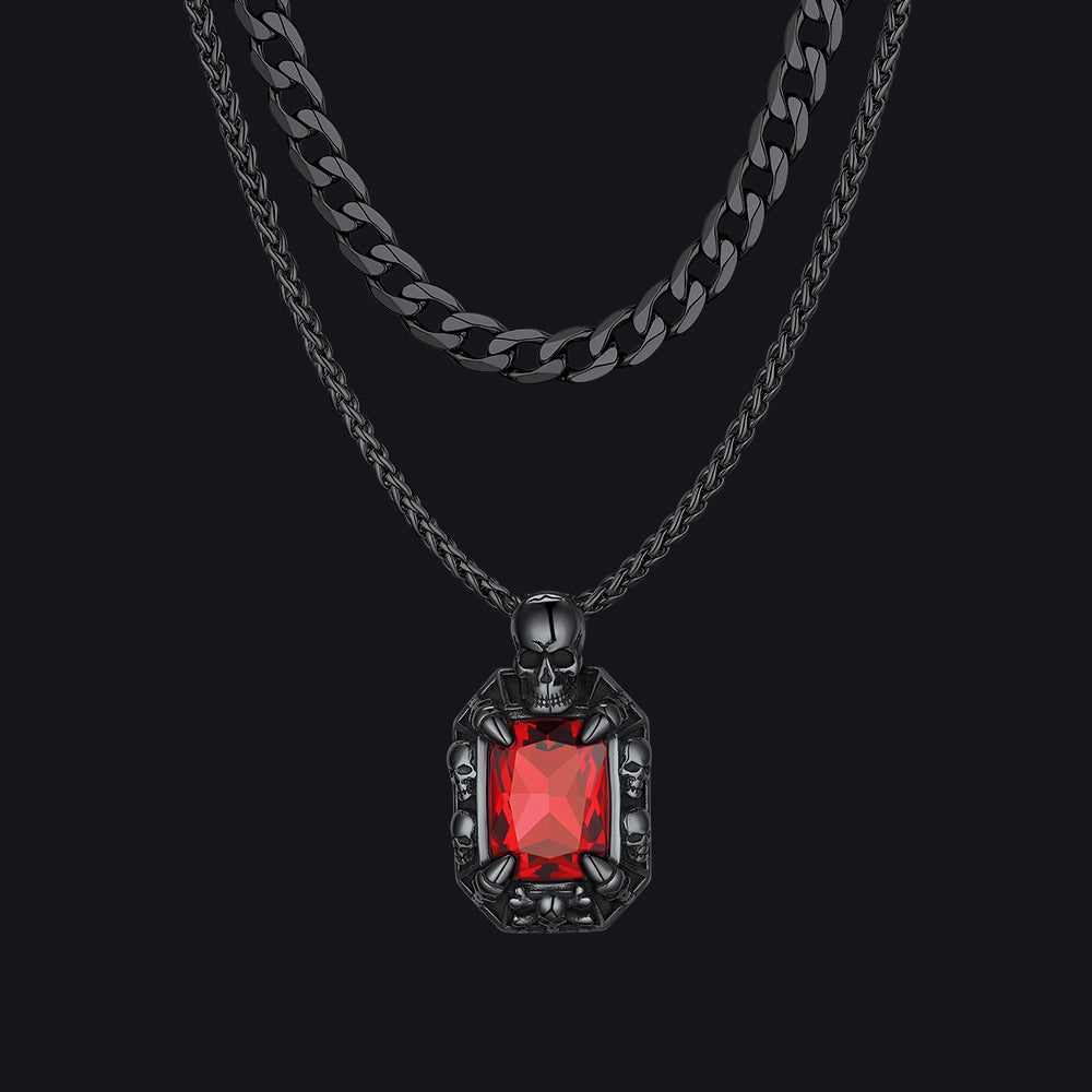 Cuban Curb Chain & Skull Crystal Layered Necklaces Set for