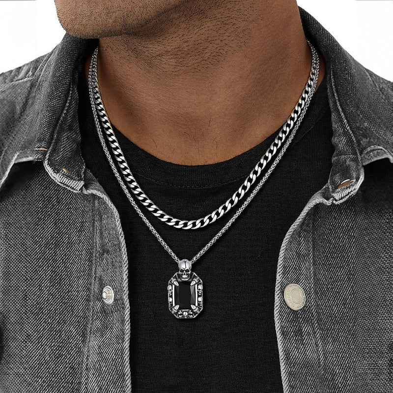 Cuban Curb Chain & Skull Crystal Layered Necklaces Set for