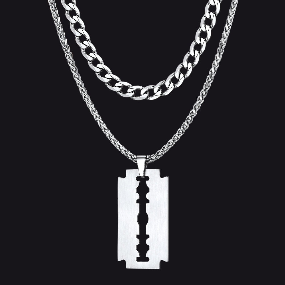 Cuban Chain & Eboy Razor Blade Necklace Set for