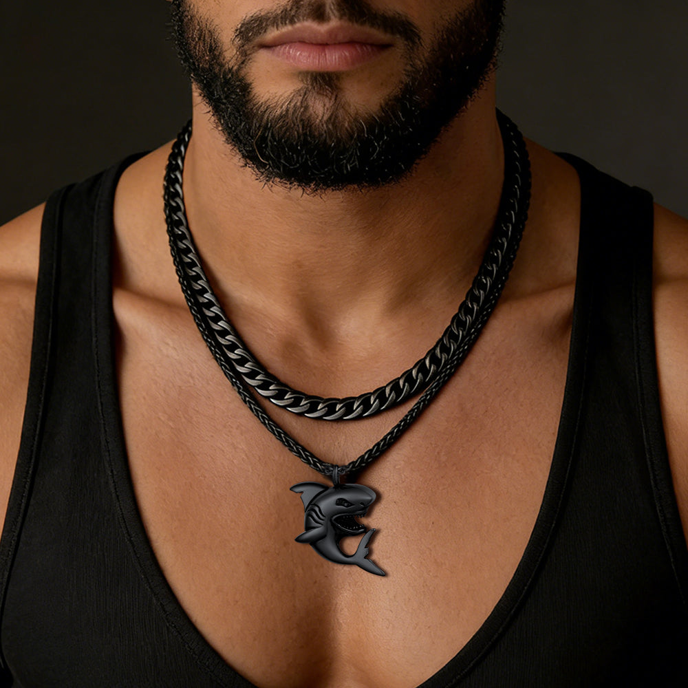 Cuban Chain & Punk Shark Necklace Set for
