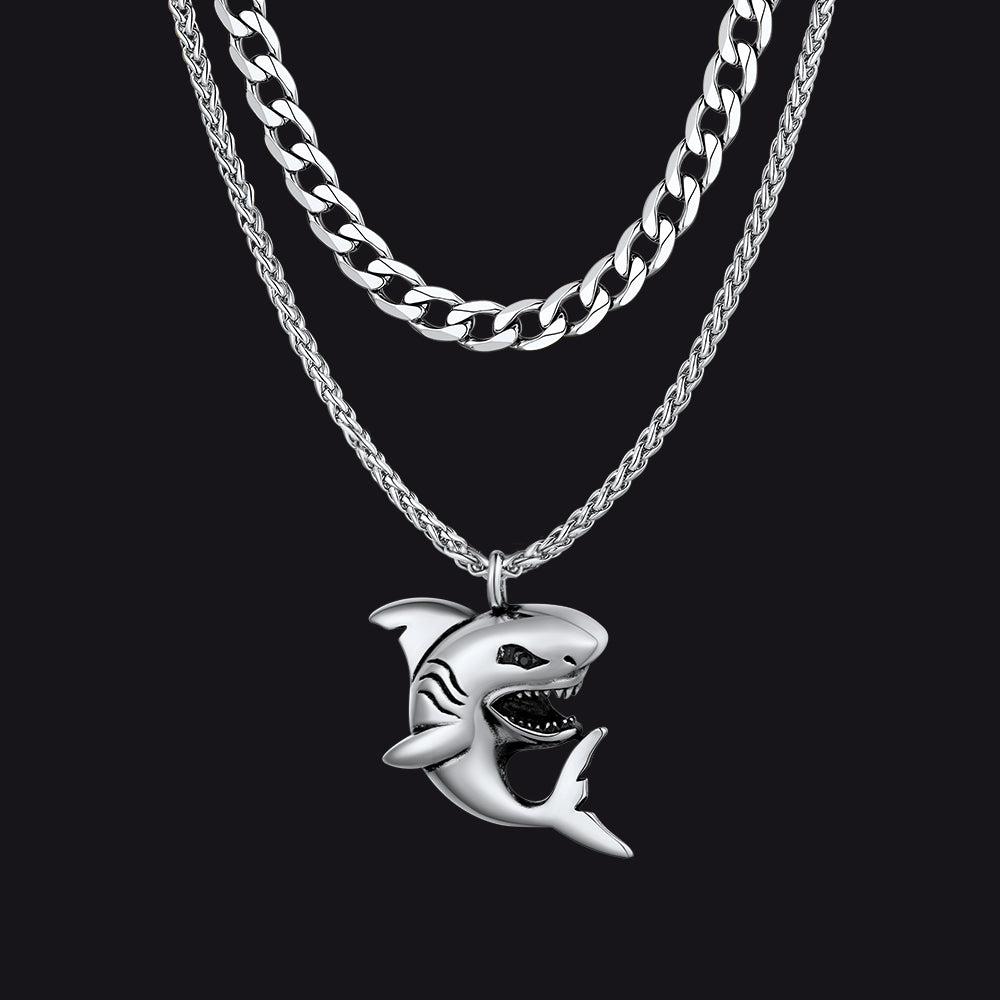 Cuban Chain & Punk Shark Necklace Set for
