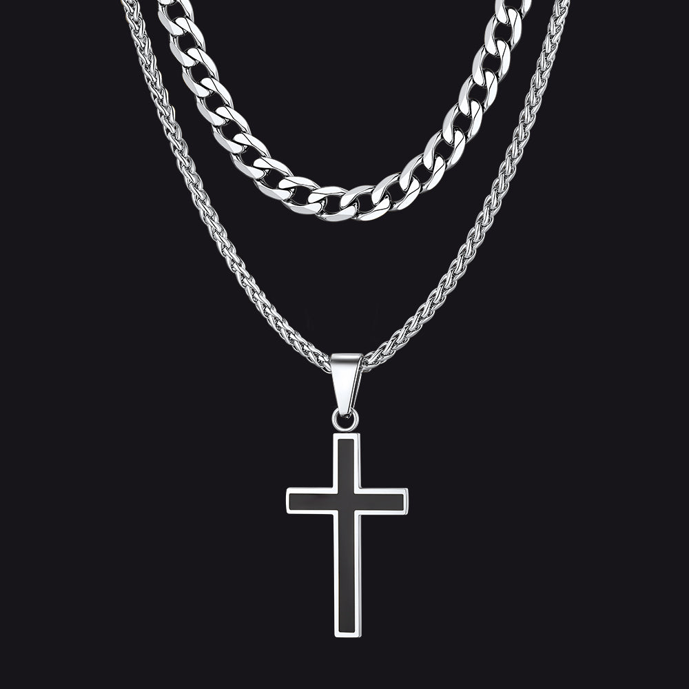 Cuban Curb Chain & Enamel Cross Layered Necklaces Set for