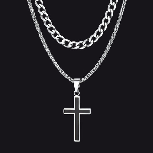Cuban Curb Chain & Enamel Cross Layered Necklaces Set for