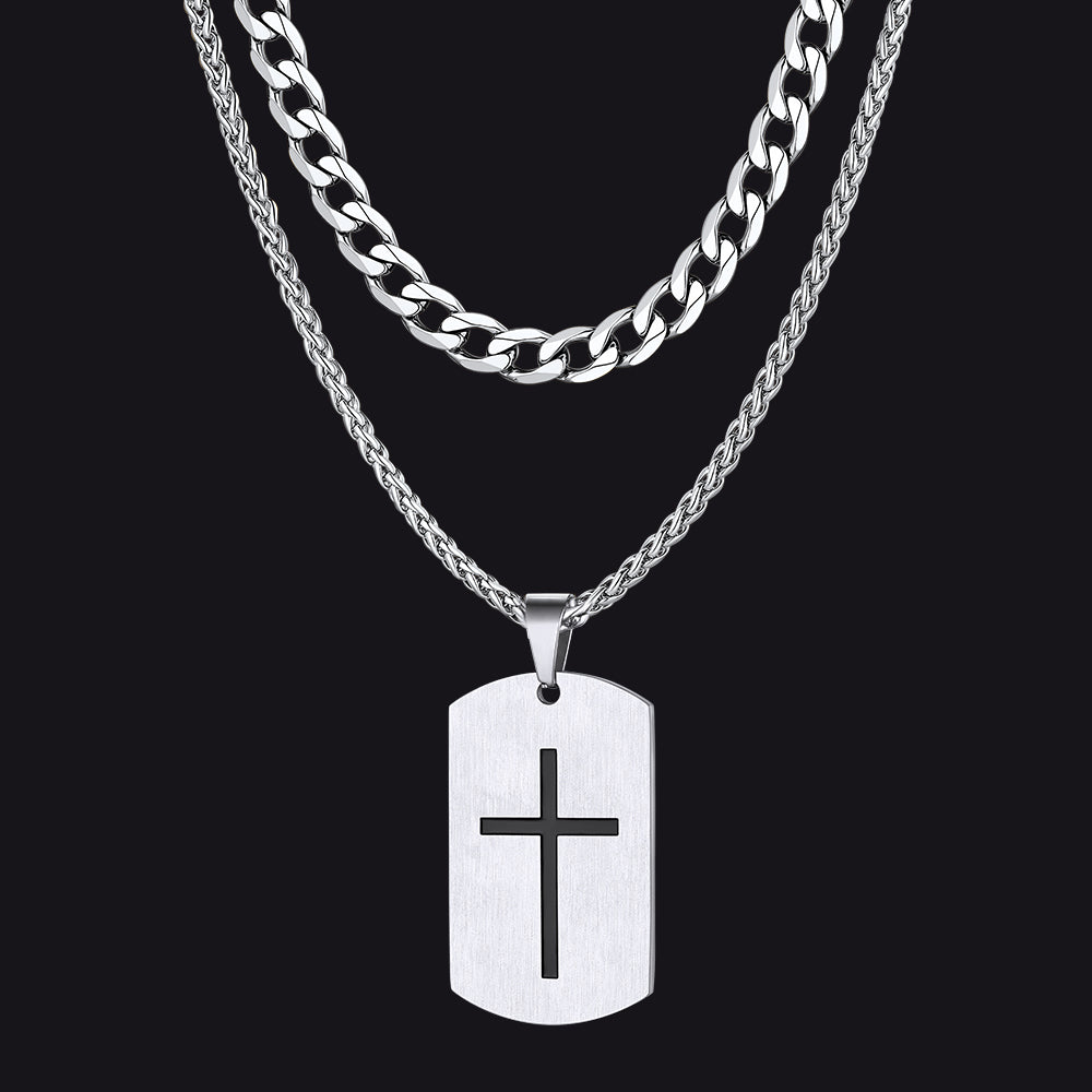 Cuban Chain & Joshua 1:9 Dog Tag Necklace Set for