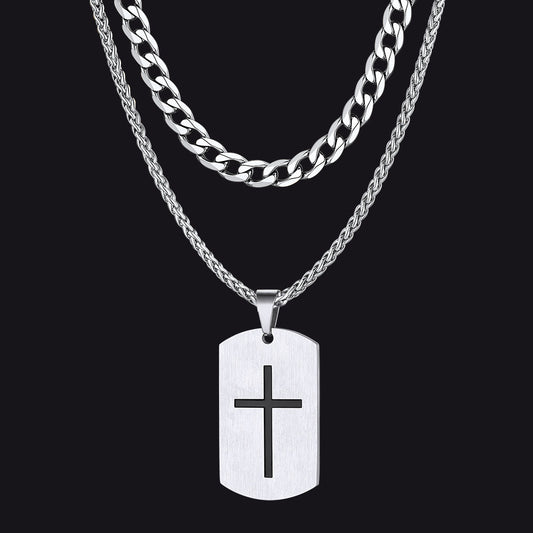 Cuban Chain & Joshua 1:9 Dog Tag Necklace Set for