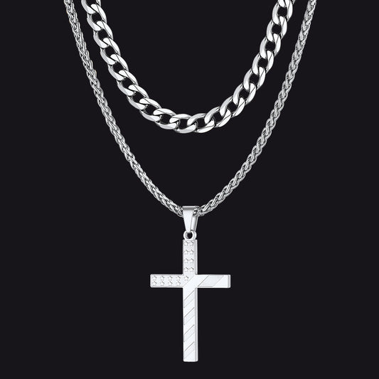 Cuban Chain & American Flag Cross Layered Necklaces Set for