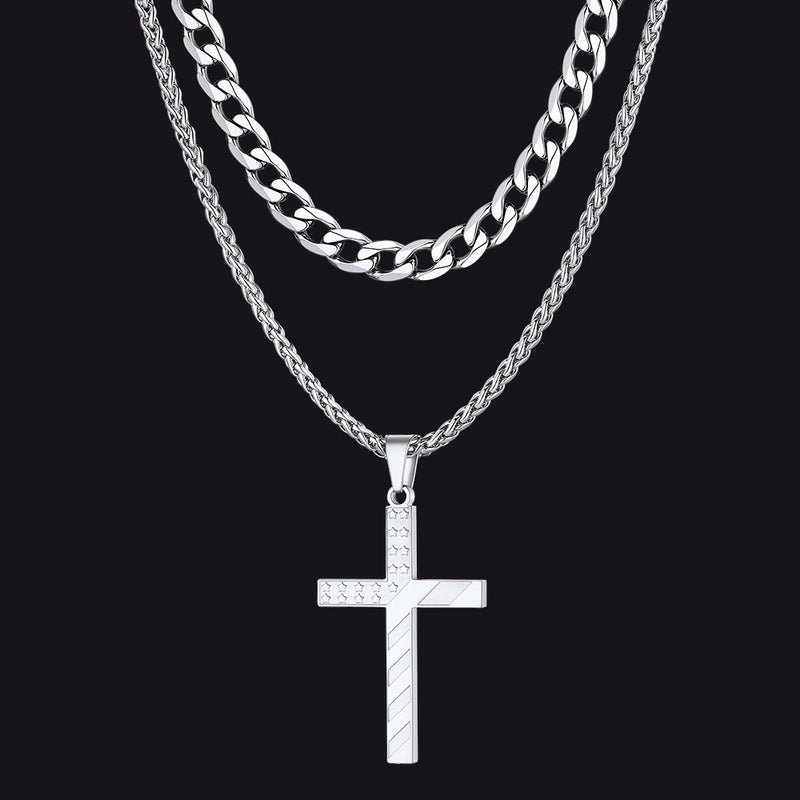 Cuban Chain & American Flag Cross Layered Necklaces Set for