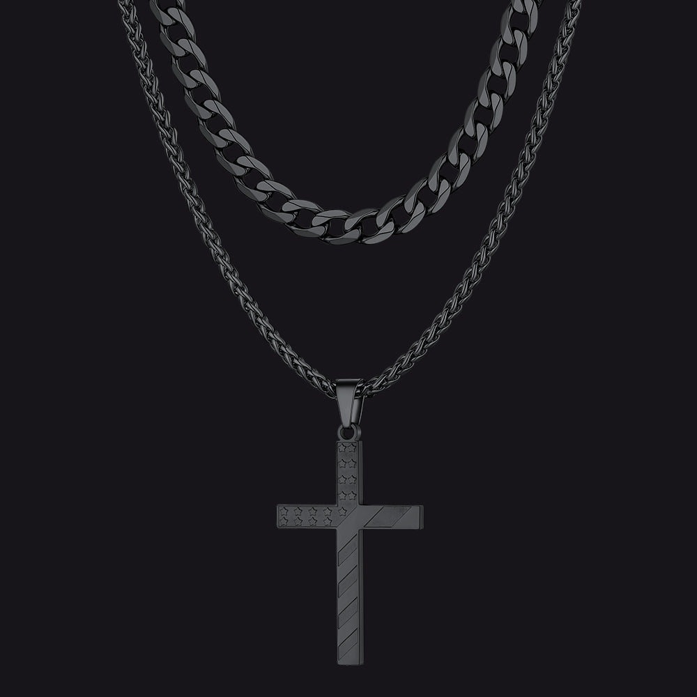 Cuban Chain & American Flag Cross Layered Necklaces Set for